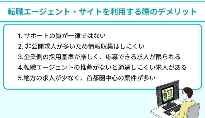 グラフィックデザイナー向け転職エージェント・サイトを利用する際のデメリットについてのイラスト