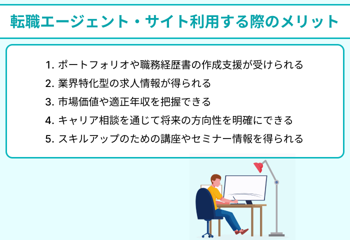 グラフィックデザイナー向け転職エージェント・サイトを利用する際のメリットについてのイラスト