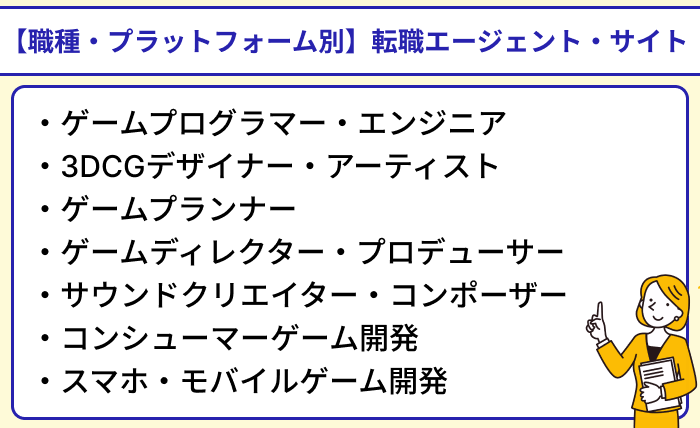 【職種・プラットフォーム別】おすすめのゲーム業界向け転職エージェント・サイトのイラスト